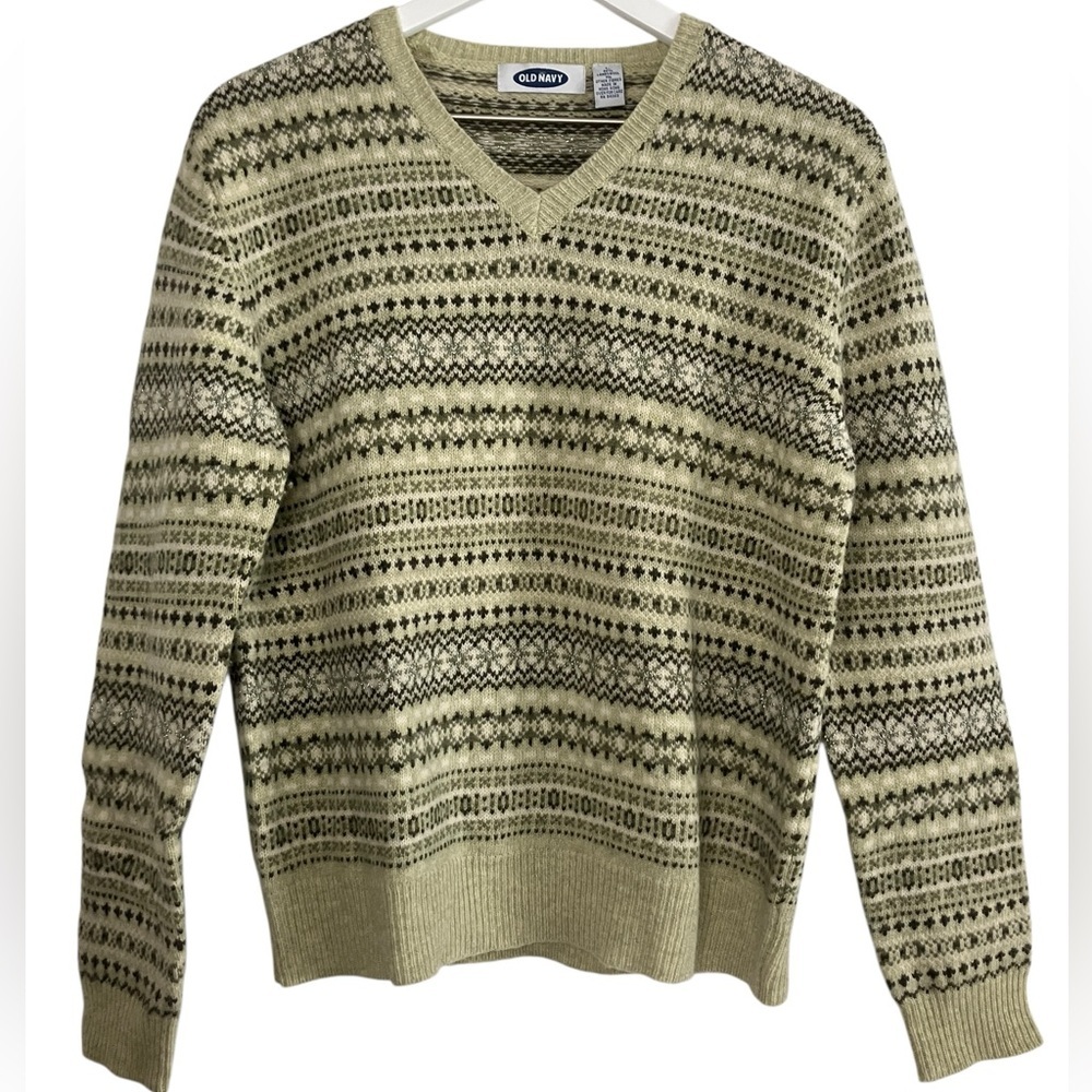 Vintage Y2K Sweater Women’s L Green Silver Fair Isle Pullover Lambswool Preppy